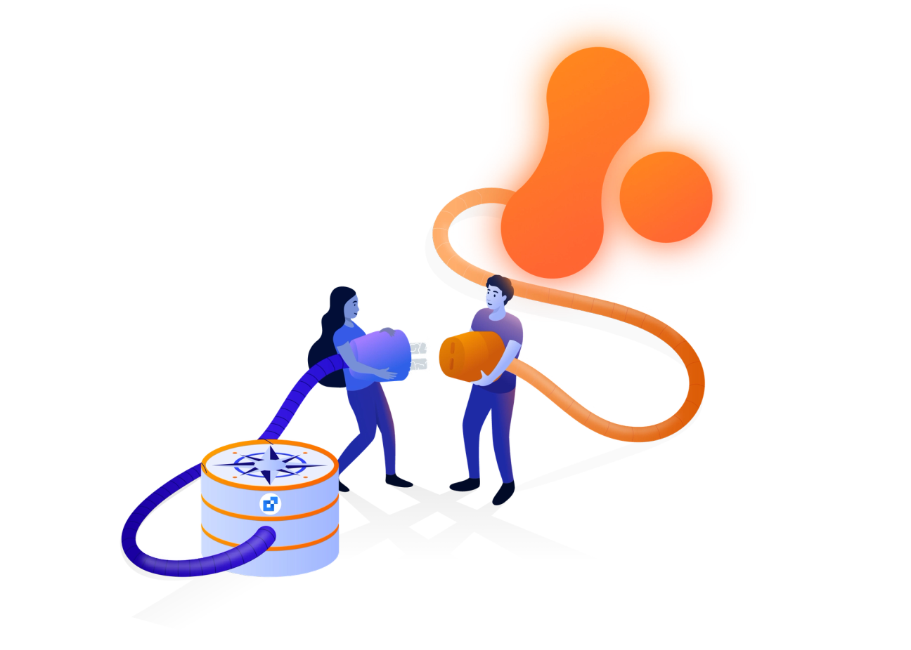 People plugging an Atlassian Compass sign into an Adaptavist sign