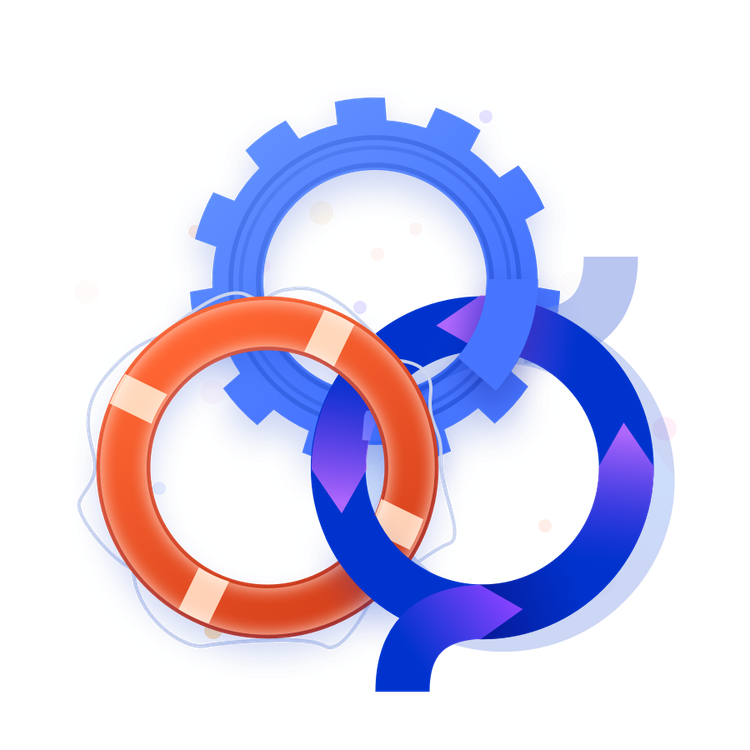 Three rings of cogs interlinked 