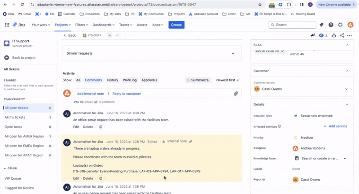 Taleplerdeki yorumları özetlemek üzere Atlassian'ın yapay zekâsının kullanıldığı Jira Service Management demosu