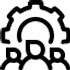 black illustration icon of three people with a cog behind them representing implementation