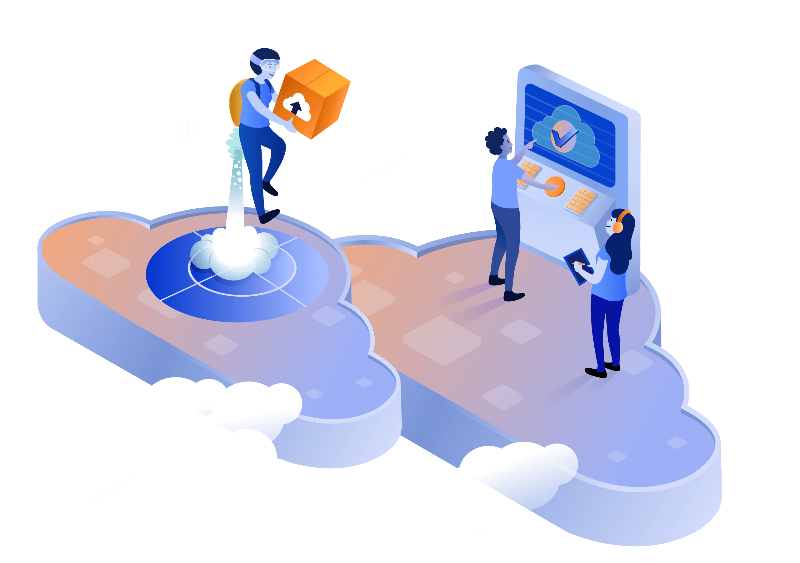 People working in different cloud computer and jetpack