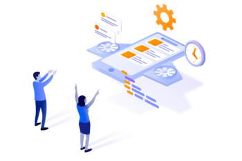 Two people in front of charts