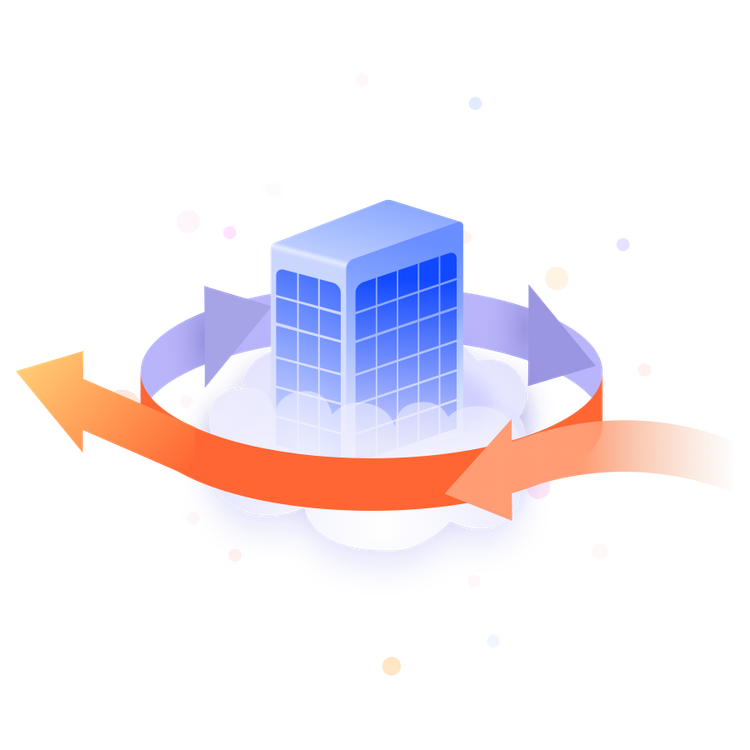 A building in the cloud with arrows showing transformation