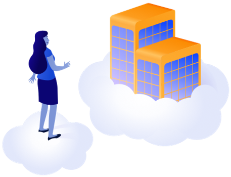 Illustration of a person on a cloud facing a building on a cloud