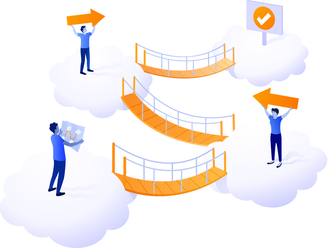 Quattro nuvole con scale tra loro e persone che danno indicazioni