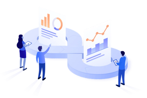 Three people in front of graphs and charts