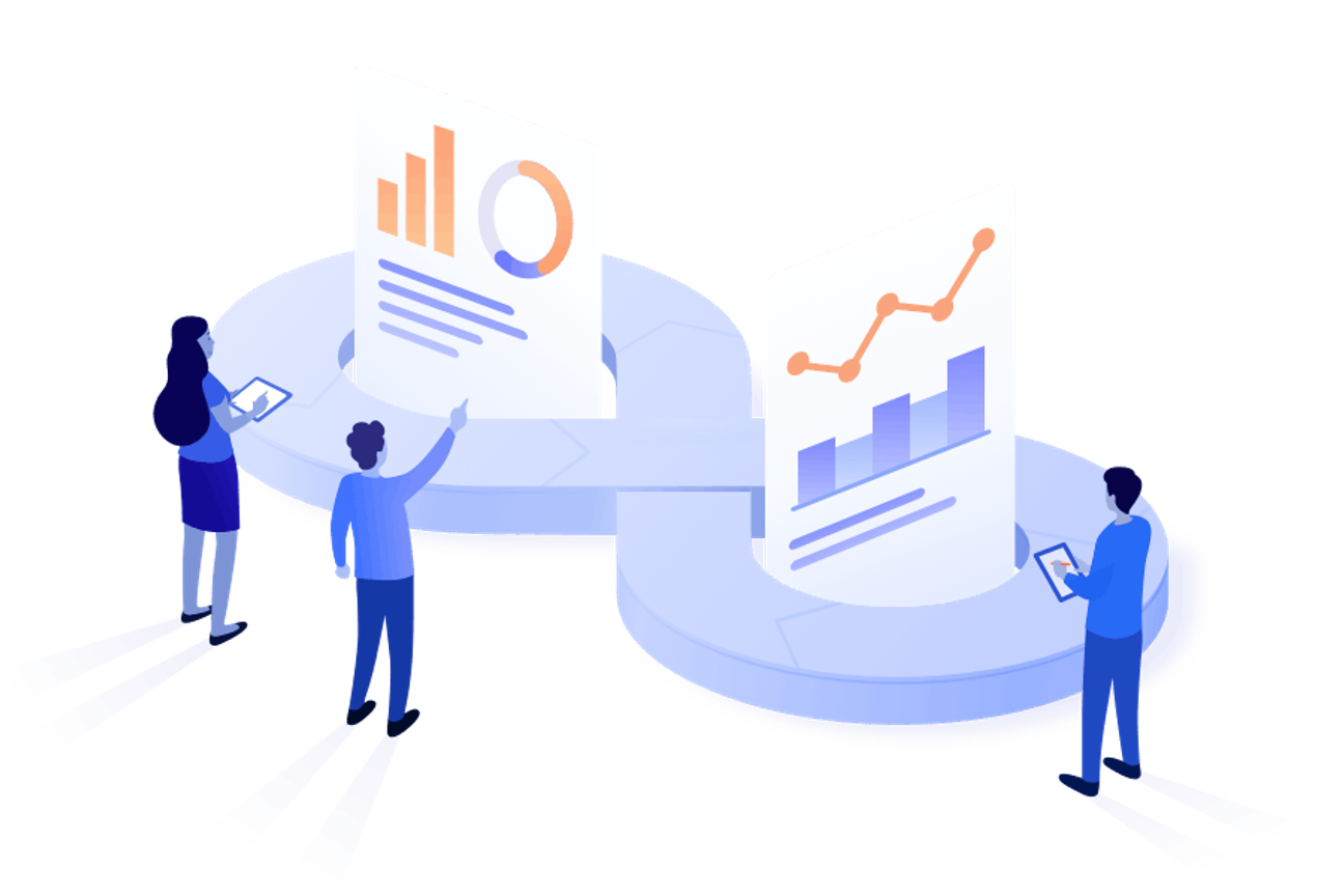 Three people in front of graphs