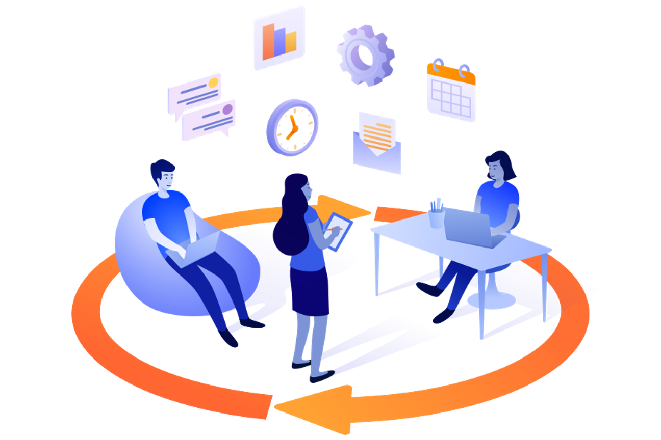 People working with symbols above their heads - cog, clock, calendar, letter, graph, instant message