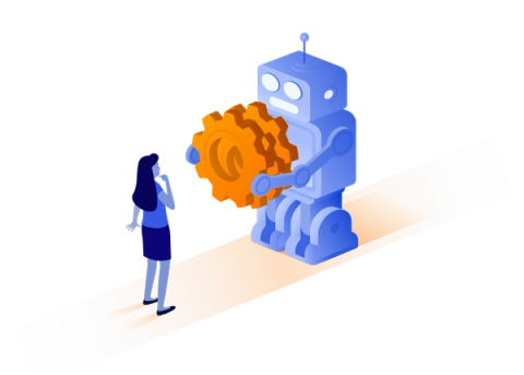 illustration of a person in front of robot holding cogs representing automation