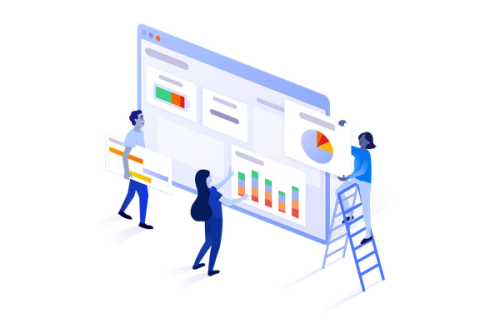 three people building a monday board 