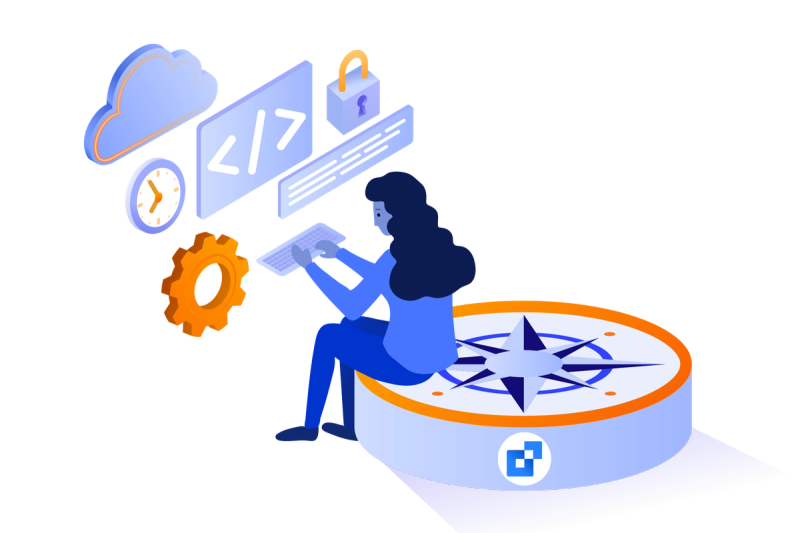 Woman sat on an Atlassian Compass logo working on some code 