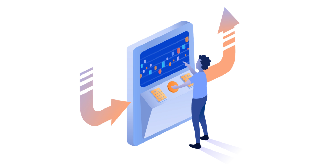 Person in front of a screen with two arrows