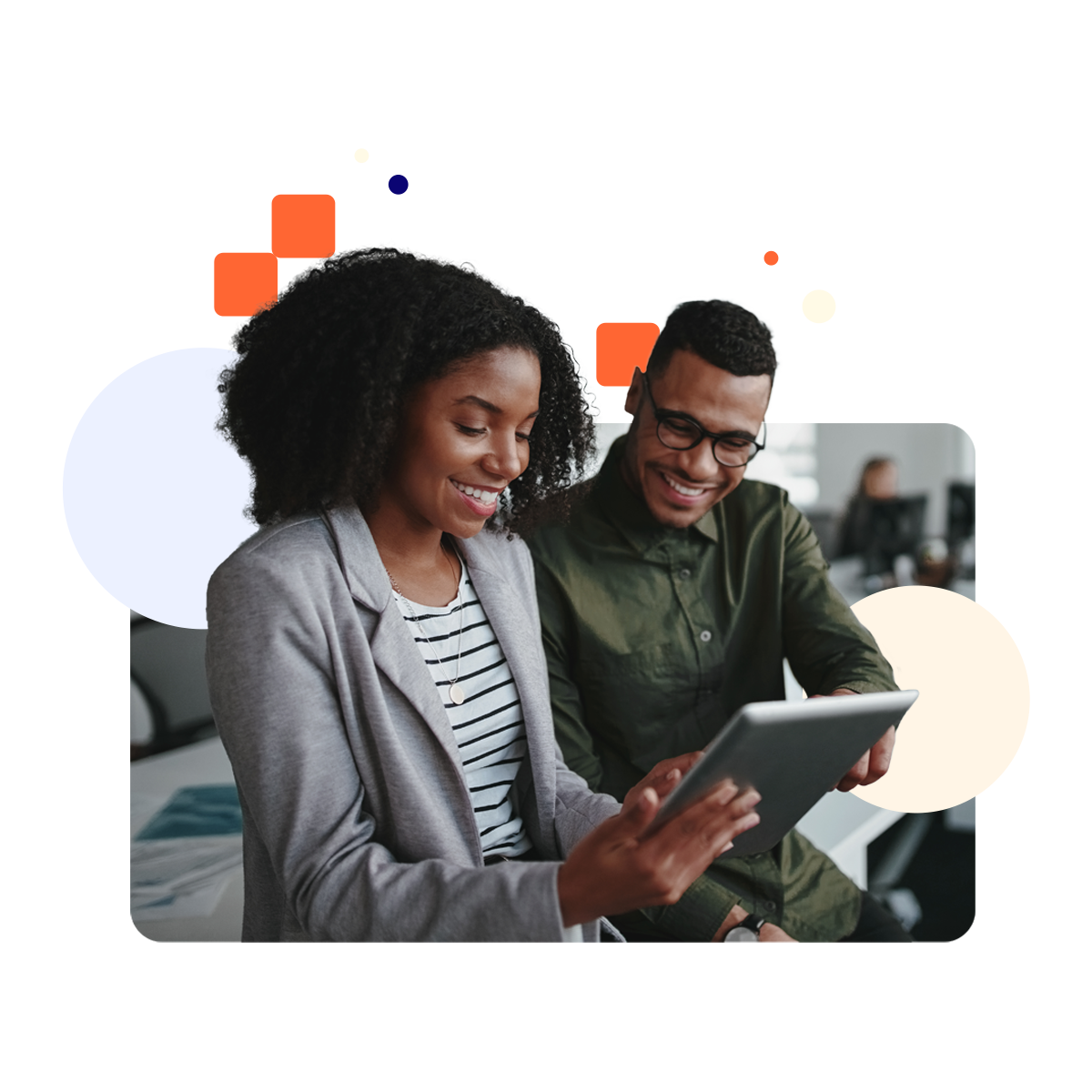 Two people collaborating on a tablet