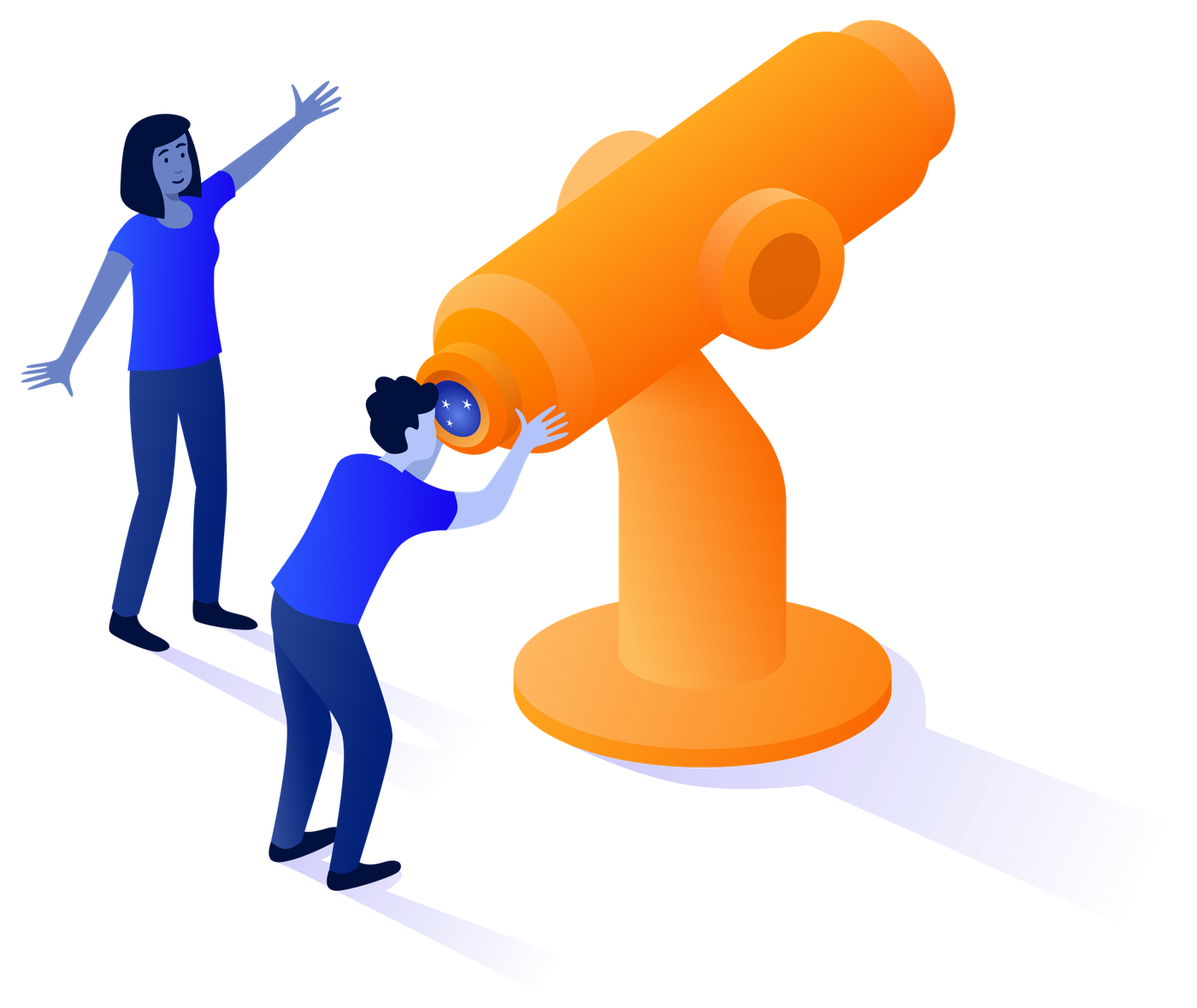 Two people stood in front of a telescope