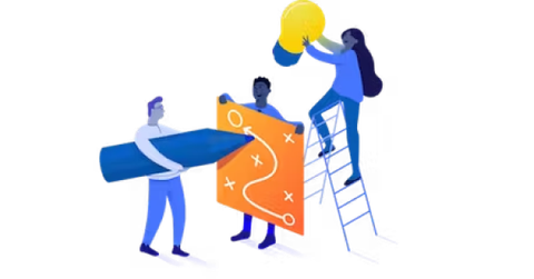 People holding a plan and a person holding a lightbulb over their head.