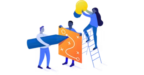 People holding a plan and a person holding a lightbulb over their head.