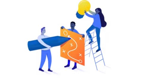 People holding a plan and a person holding a lightbulb over their head.