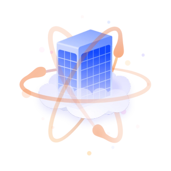 Office building on a cloud surrounded by atoms