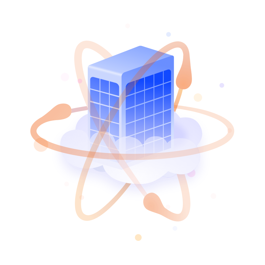 Office on a cloud surrounded by atoms