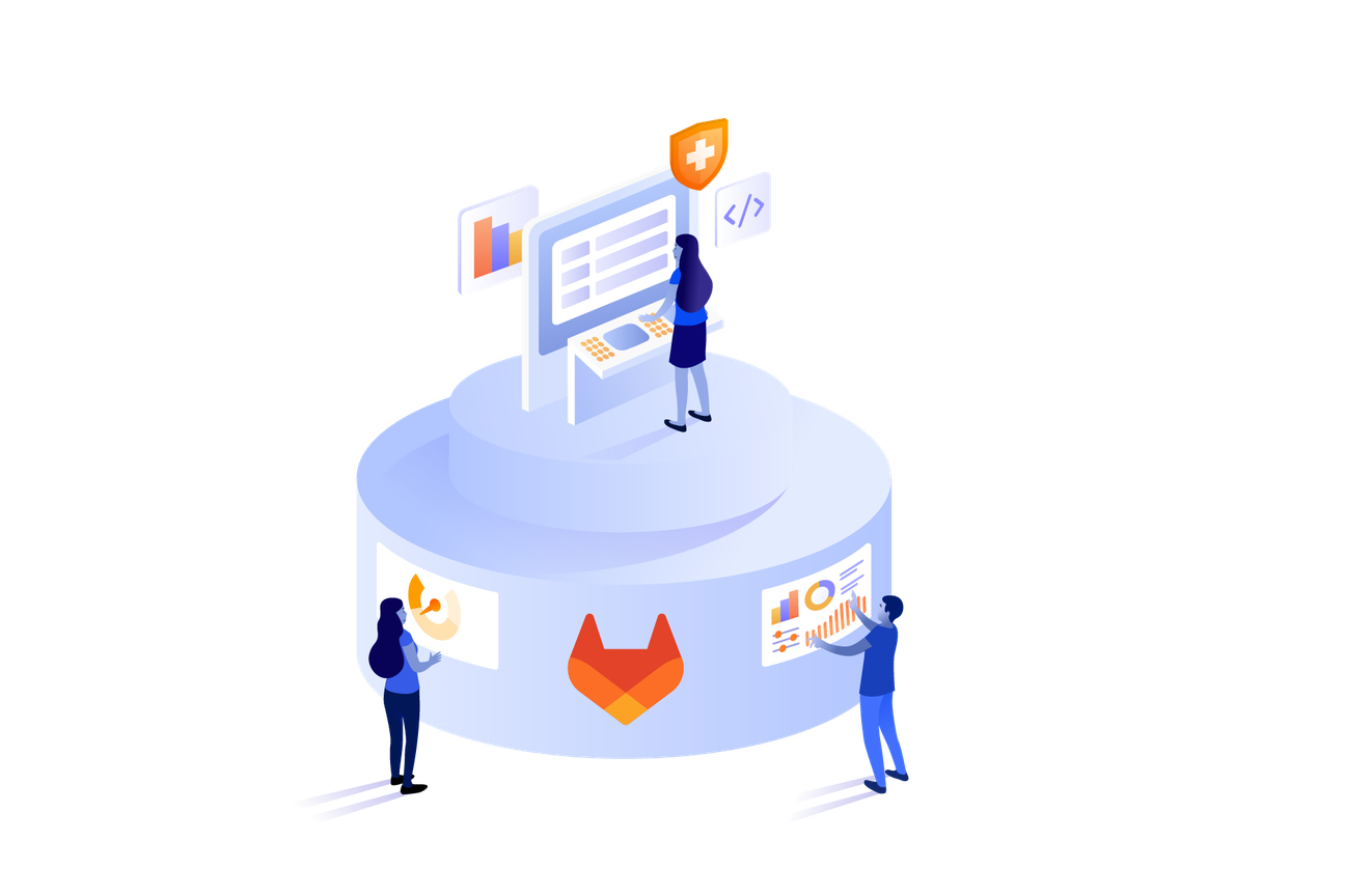 Three people stood on a podium with GitLab logo