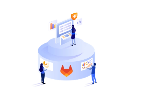 Three people around screens and the GitLab logo