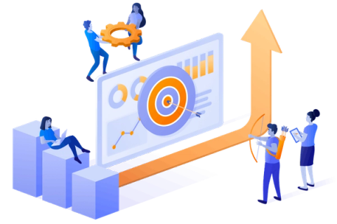 Illustration of a business analytics or growth concept—an oversized dashboard with charts and a target board in the centre, a large orange arrow rising sharply upwards, and several people around it, including one sitting with a laptop, two holding a gear above the screen, and two on the right with a bow and arrow and a clipboard.