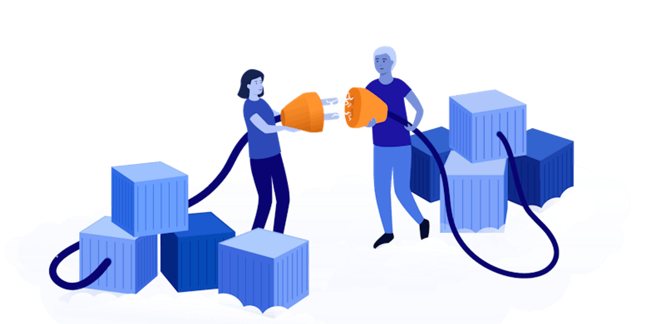 Two people plugging cubes into one another