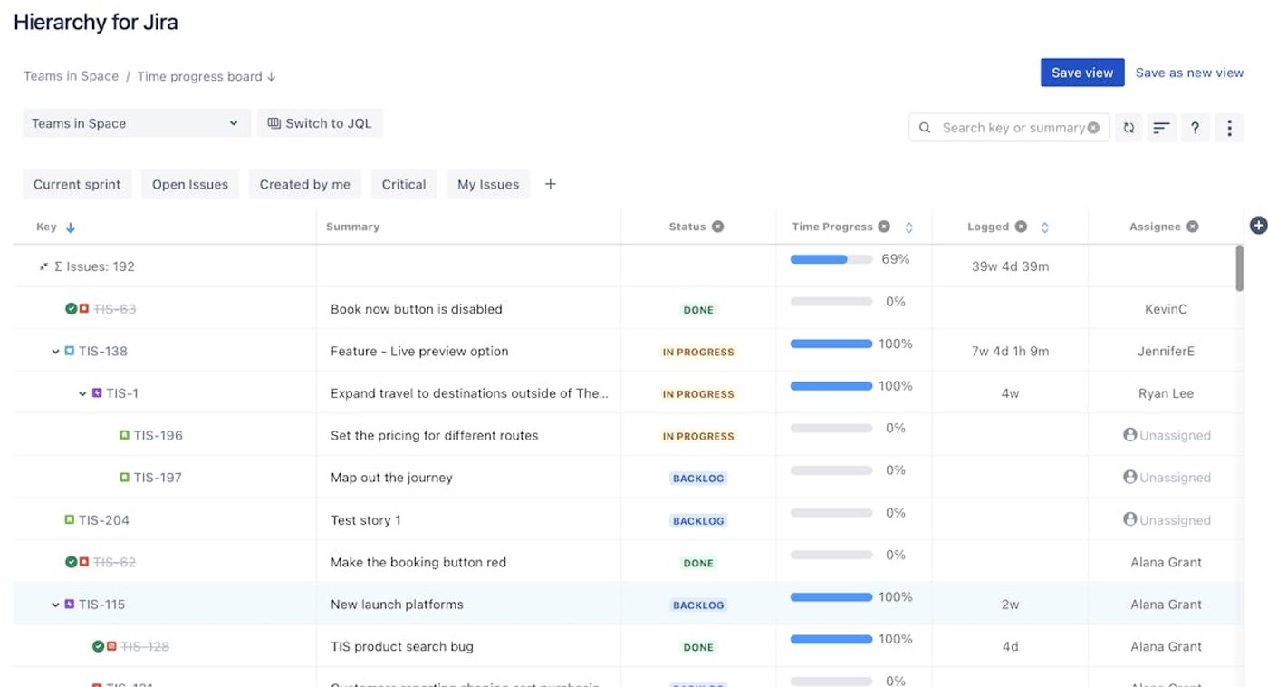 Screenshot of the main user interface for Hierarchy for Jira, showcasing enhanced agile project management in Jira.