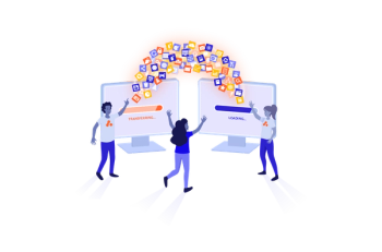 three people celebrate as data (icons and symbols) transfer from one computer screen to another