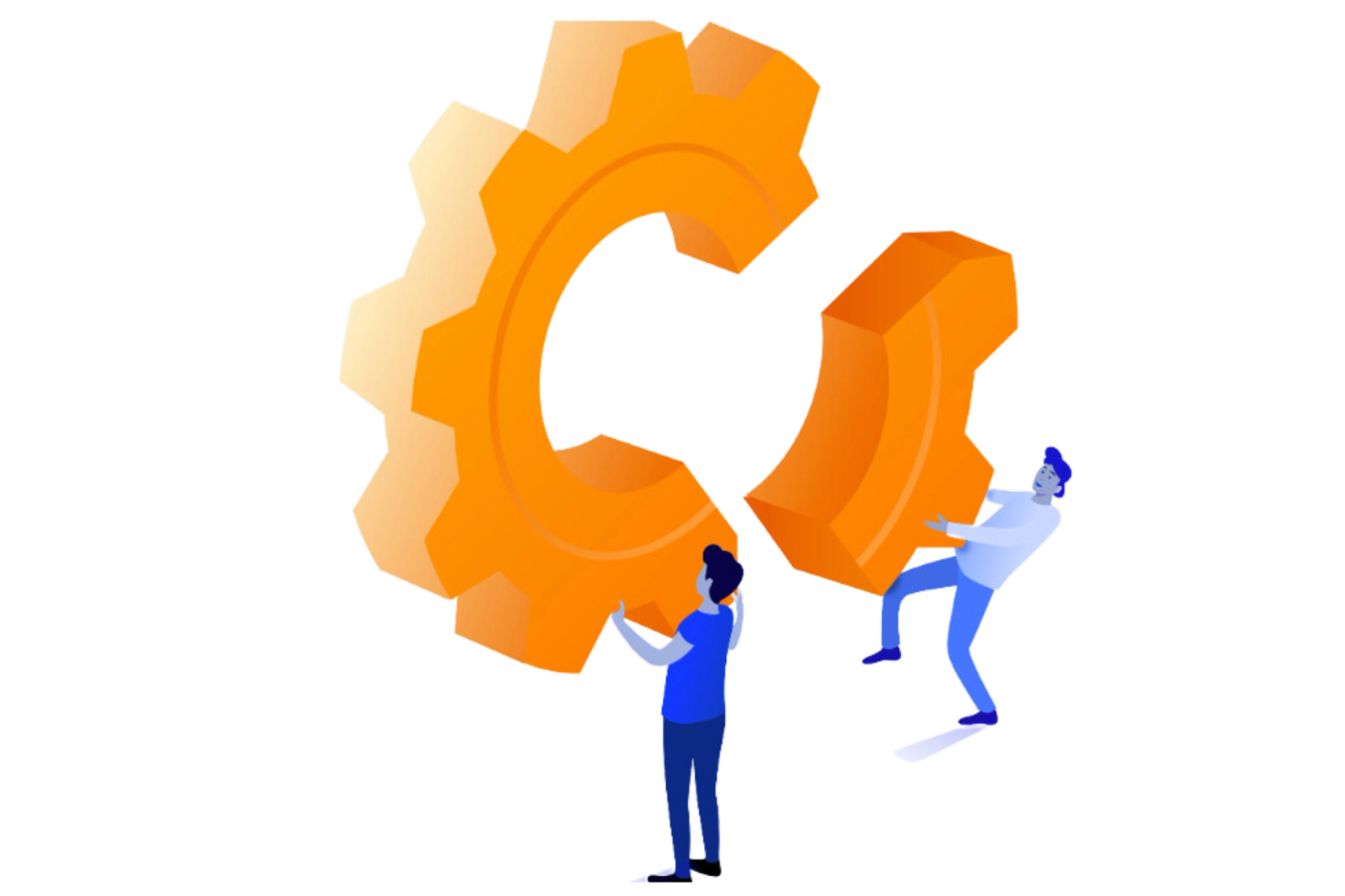 Two people struggling to put a large cog together.