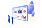 illustration of people and monday board with rocket behind