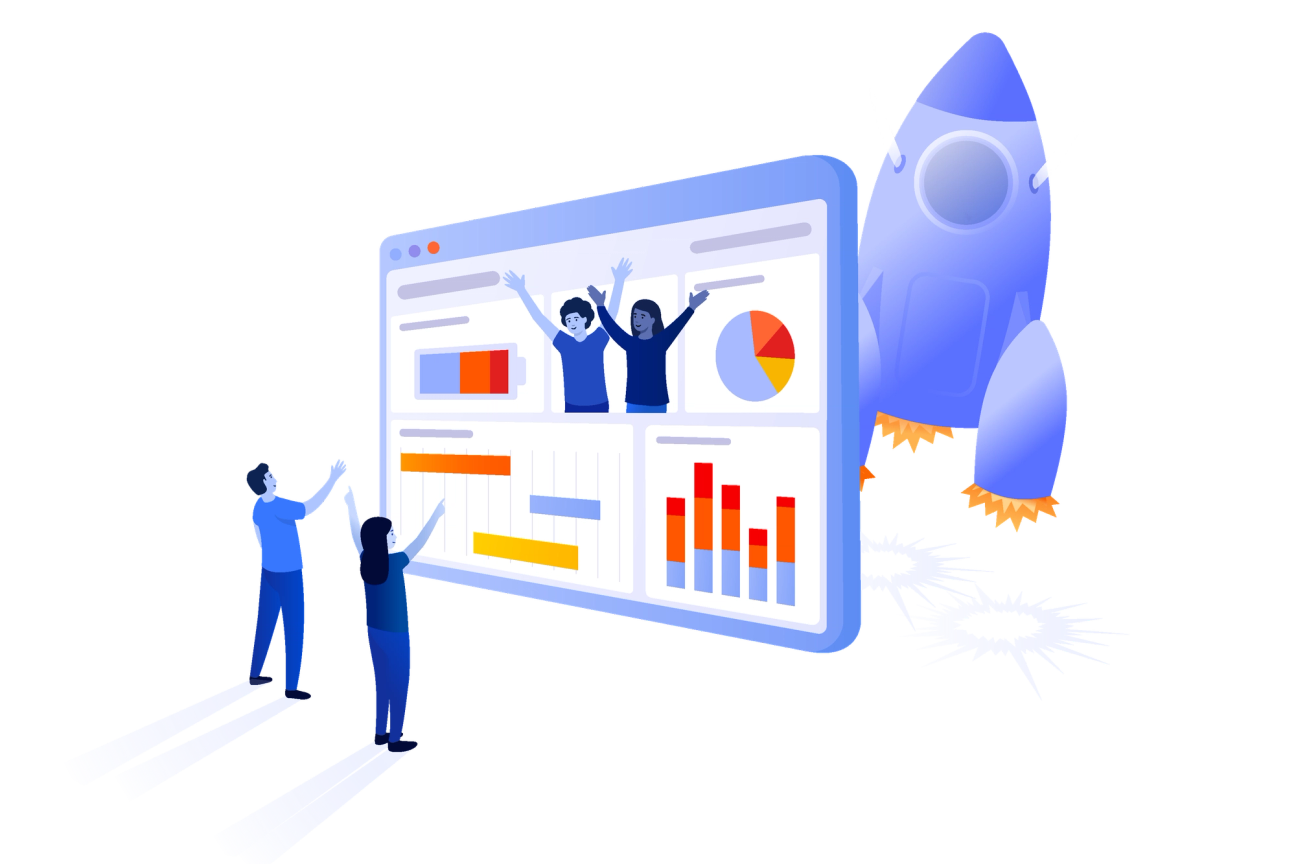 people in front of monday board with rocket taking off behind it