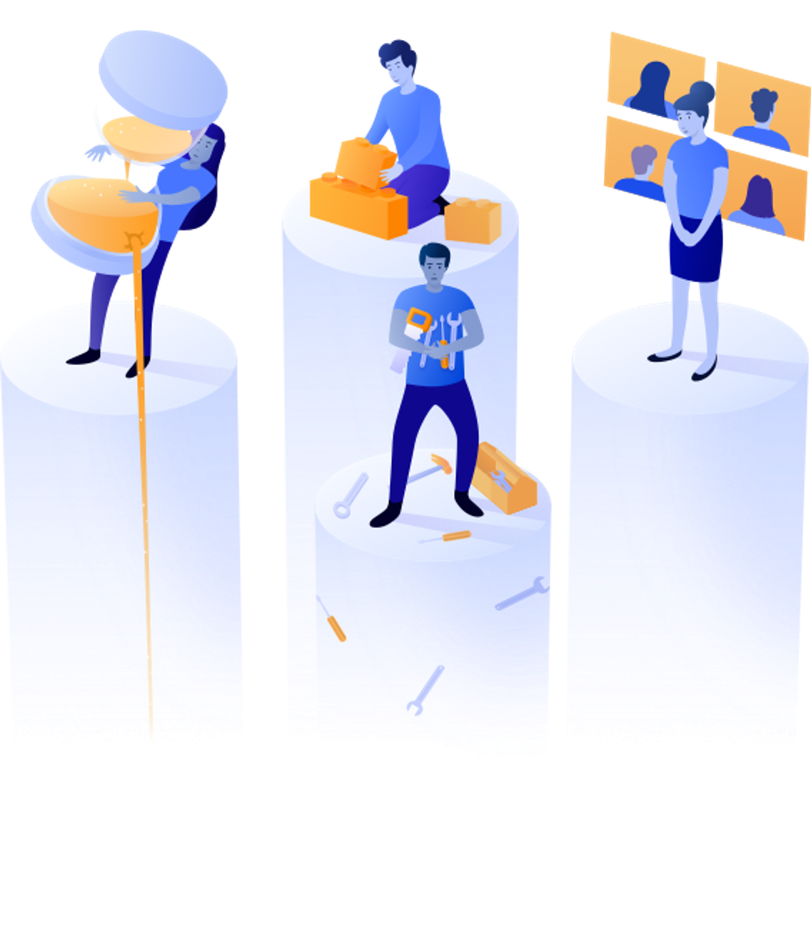 Four people standing on pillars working