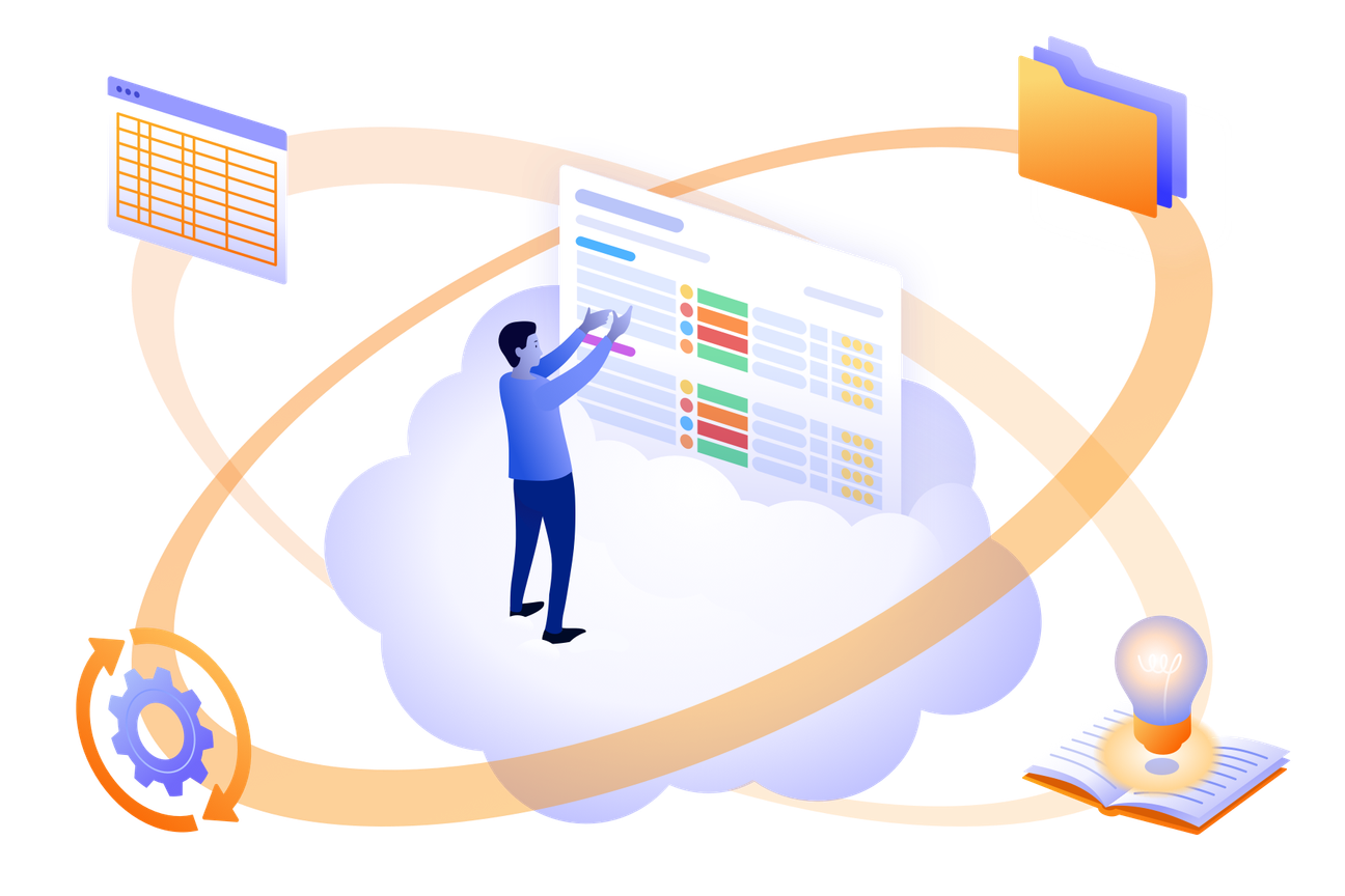 illustration of person on a cloud looking at a work management board, surrounded by related apps and tools
