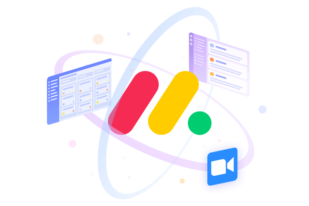 Logotip platforme monday.com okružen trima slikama alata za upravljanje radnim zadacima.
