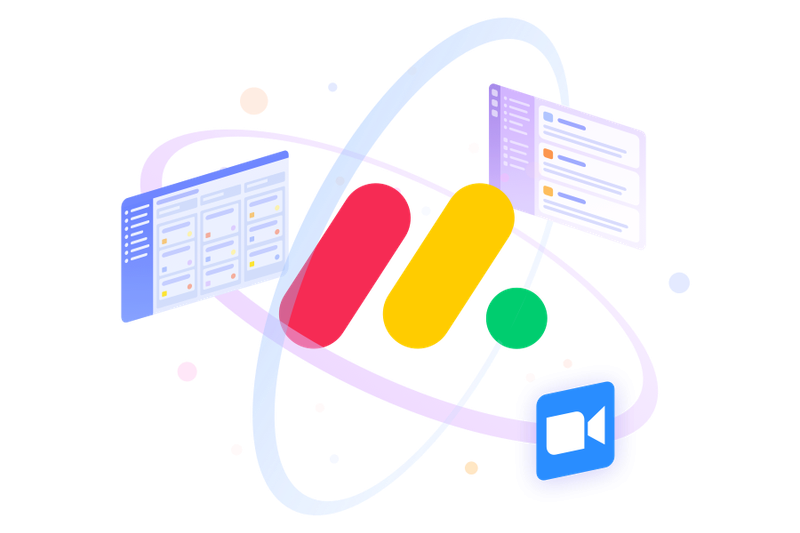 monday.com logo surrounded by three work management tool images.