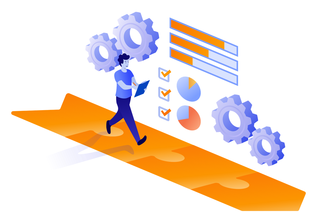 A person walking along an arrow watching data