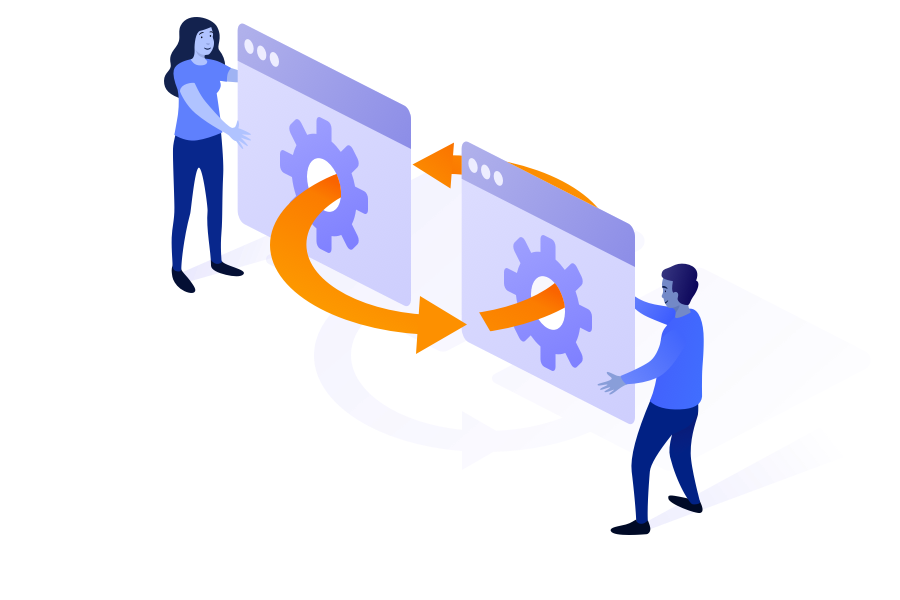 Two people holding cogs