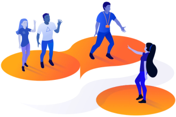 illustration of experts from Adaptavist standing on the Adaptavist orange glyph logo