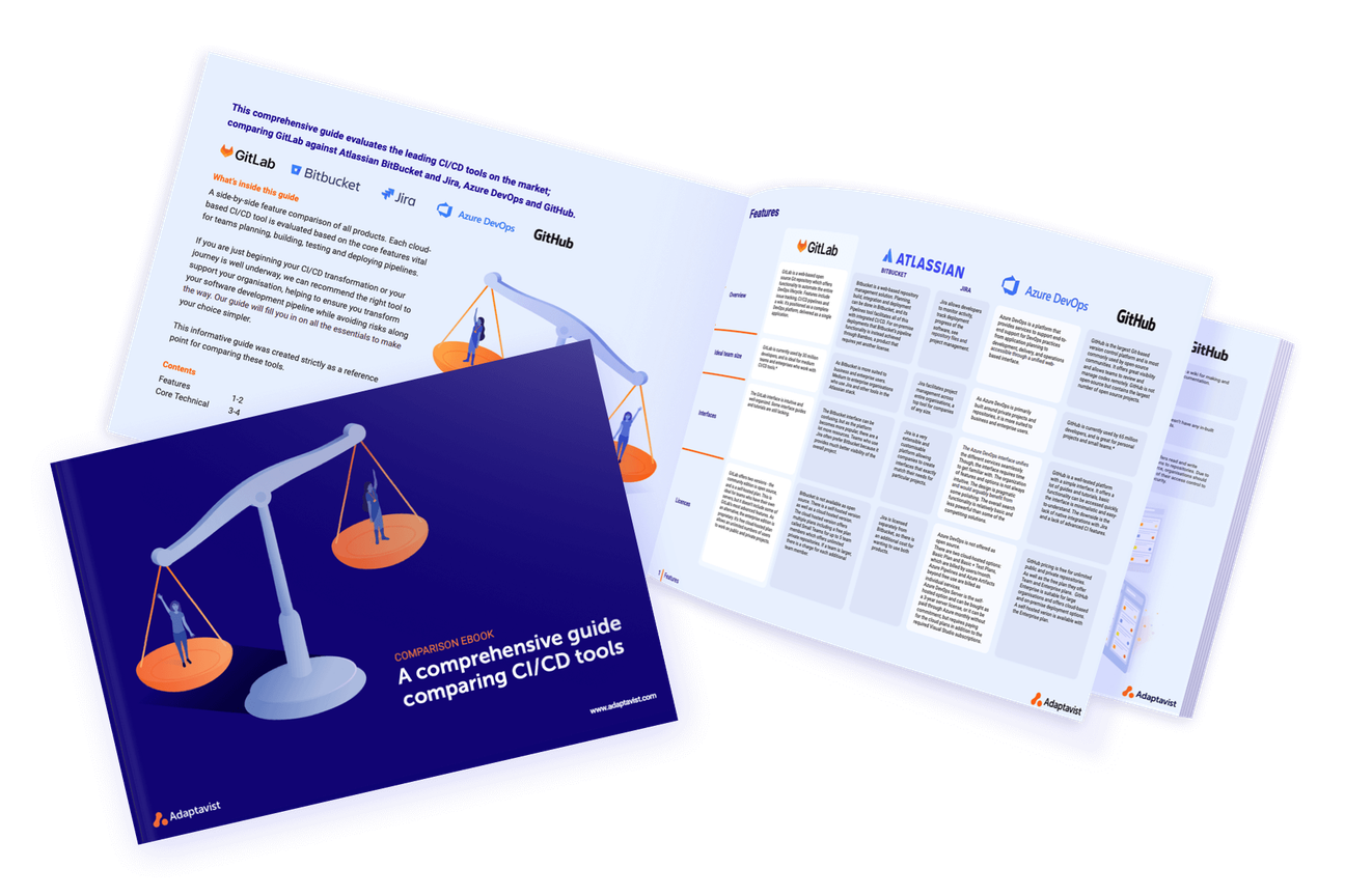 Front cover and open paper for guide to comparing CI/CD tools