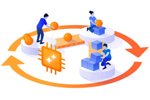 illustration of circular arrows surrounding three people collaborating