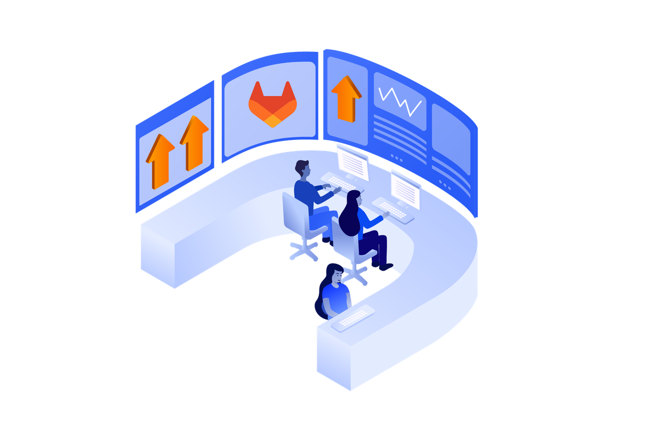 Three people in front of screen with GitLab Upgrade