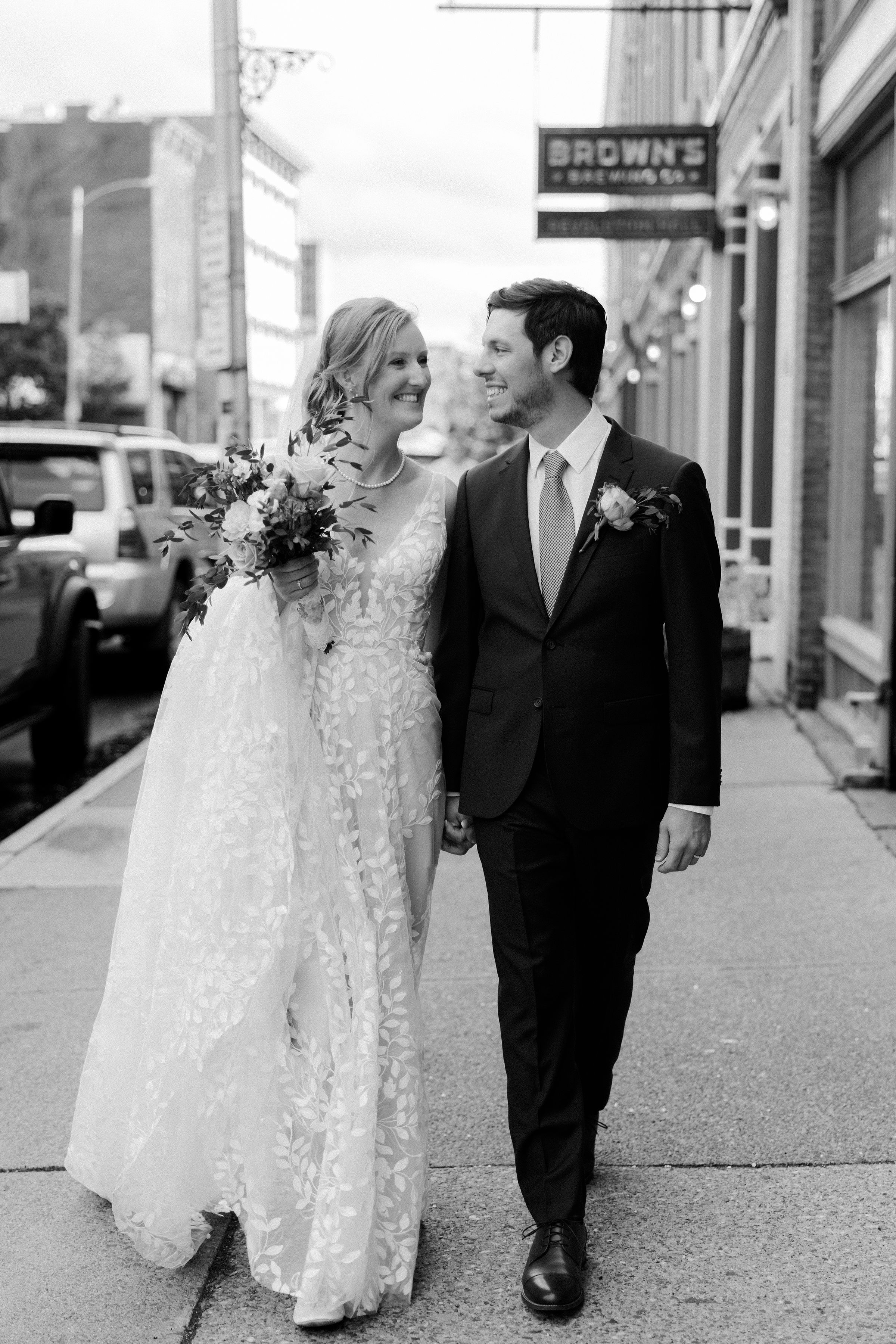Happy bride in a classic wedding dress from Aleana’s Bridal