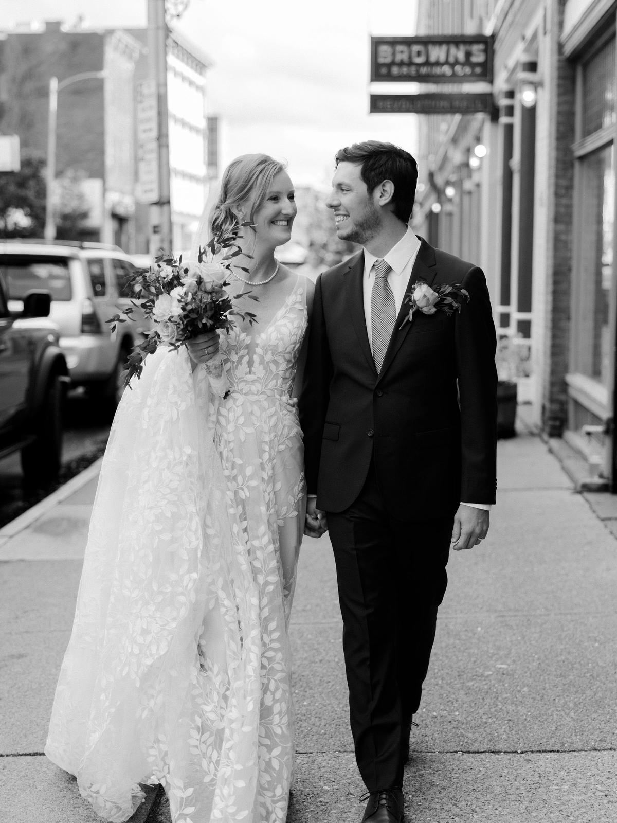 Happy bride in a classic wedding dress from Aleana’s Bridal