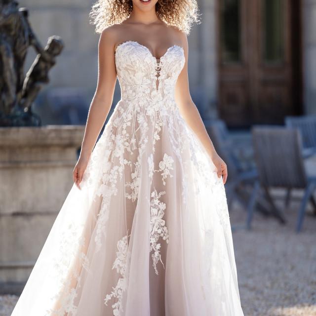"A" line lace bridal dress available at Aleana's Bridal