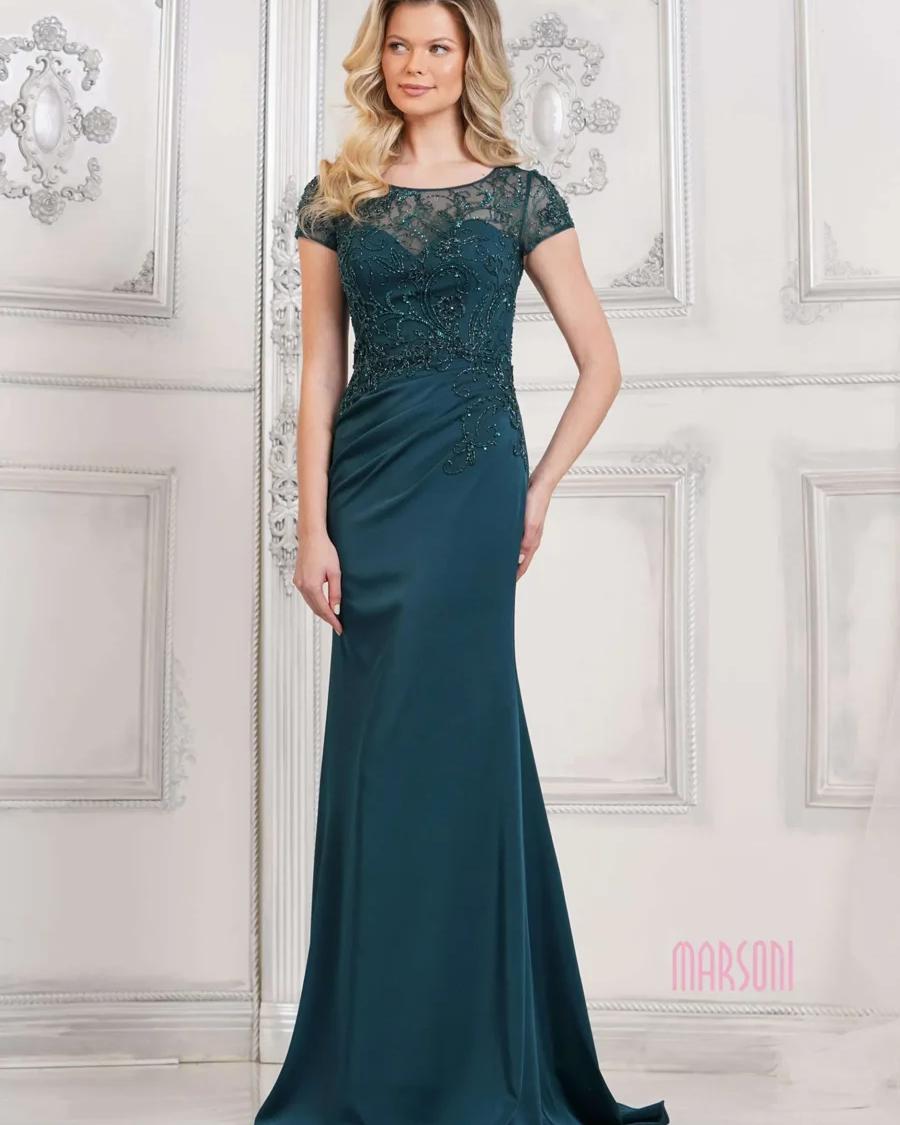 Marsoni deep green mother of the bride gown with a beaded illusion bodice and cap sleeves at Aleana's Bridal