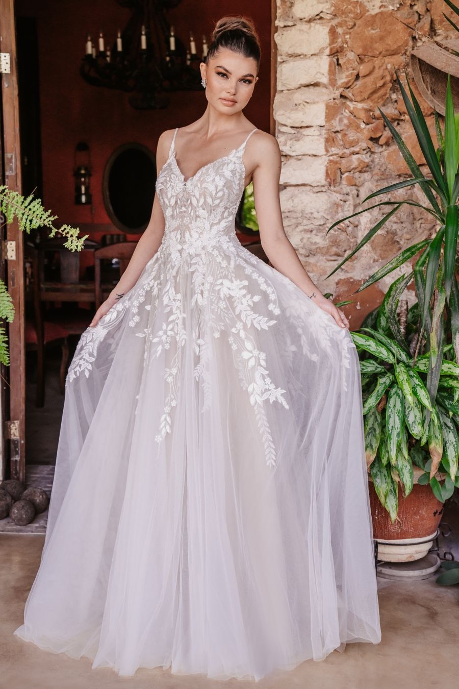 "A" line lace bridal dress available at Aleana's Bridal