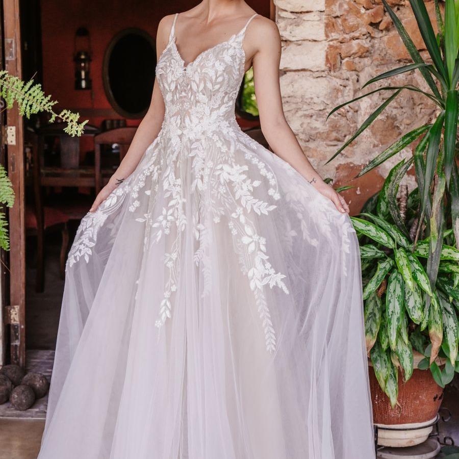 "A" line lace bridal dress available at Aleana's Bridal