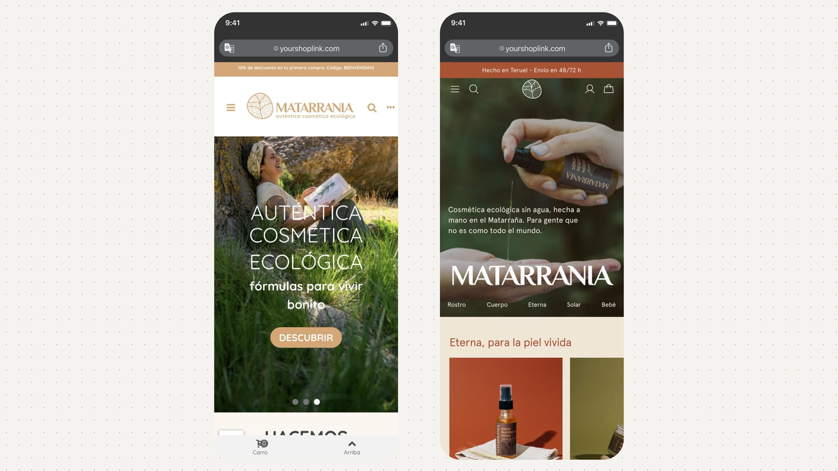 Dos iPhones con la home de Matarrania, la actual a la izquierda y el rediseño a la derecha