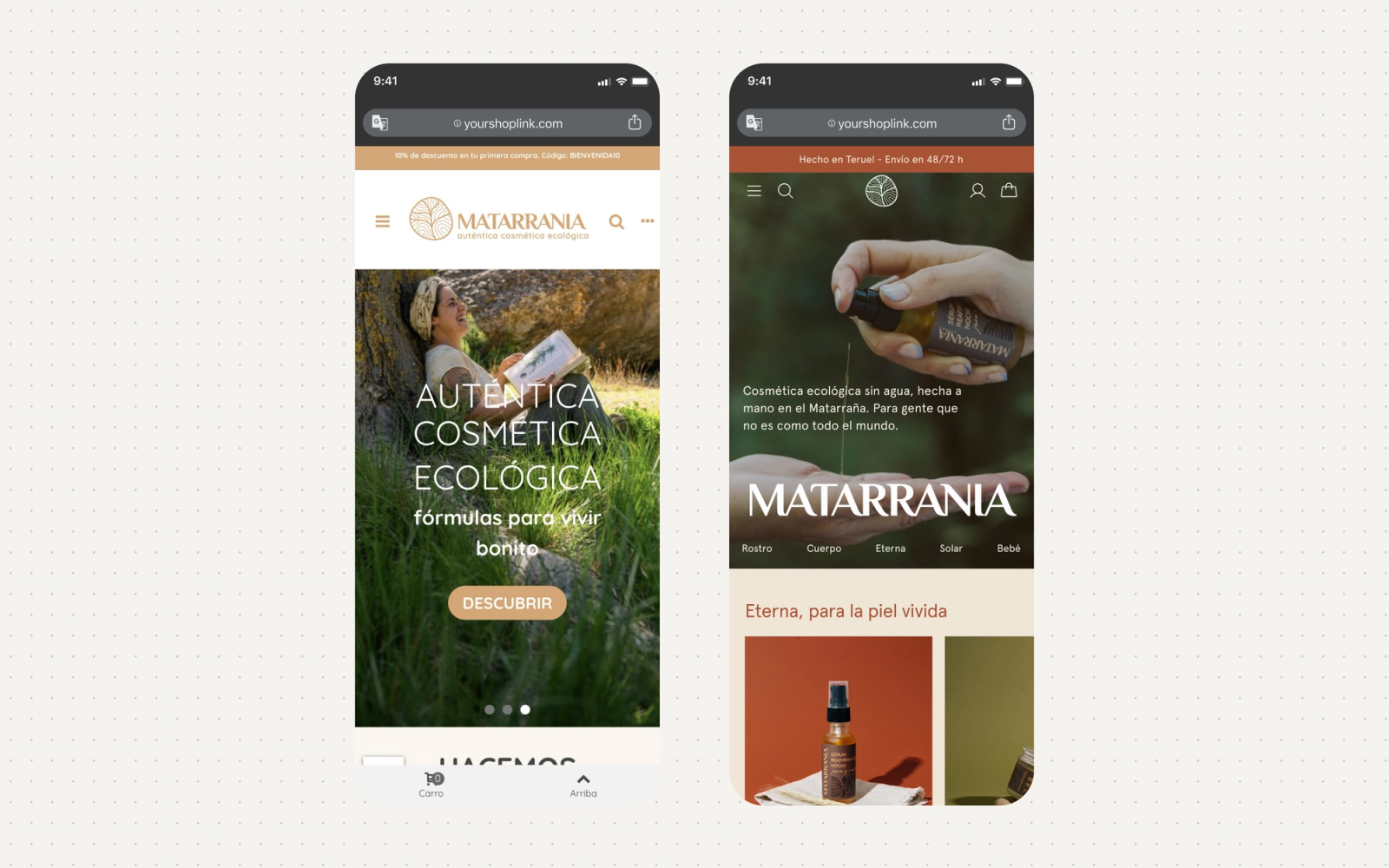Dos iPhones con la home de Matarrania: la web actual a la izquierda y el rediseño a la derecha